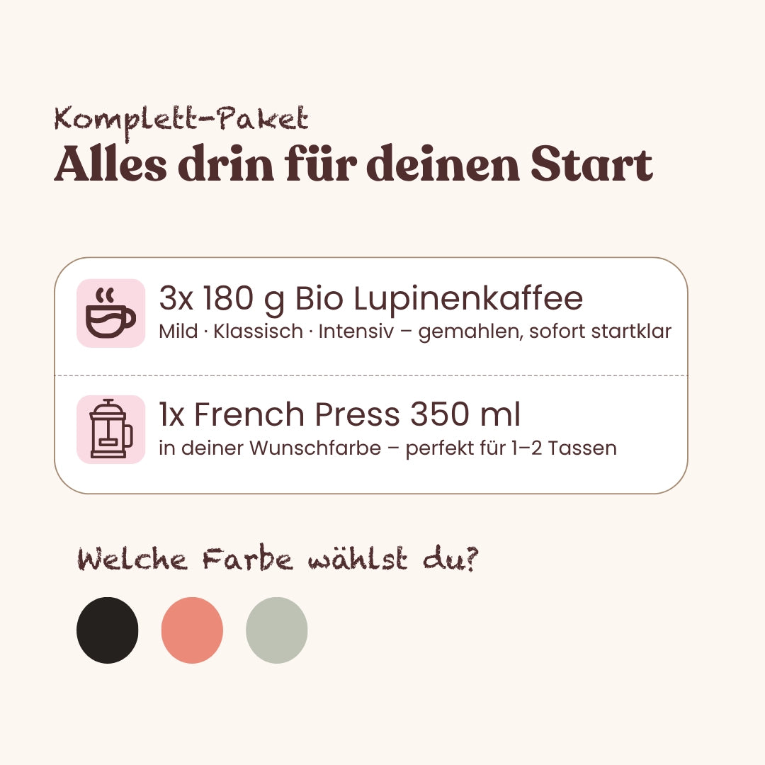 Loffee Starter-Set | 3 Sorten Bio Lupinenkaffee + French Press