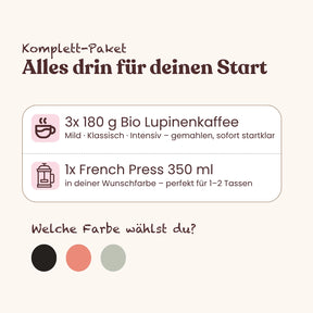 Loffee Starter-Set | 3 Sorten Bio Lupinenkaffee + French Press