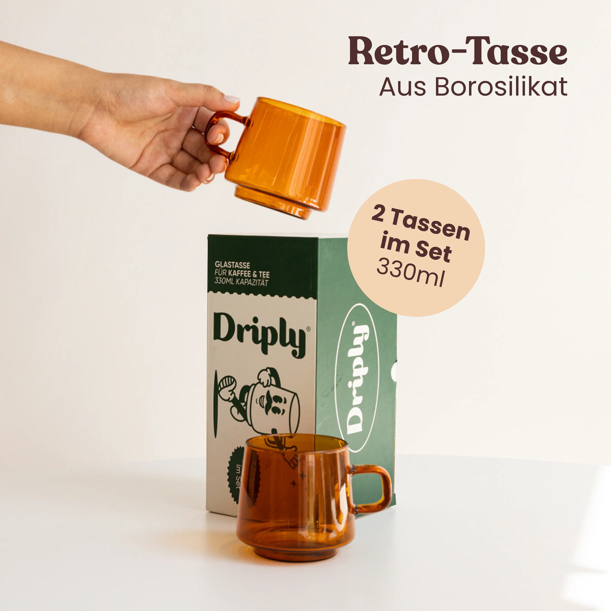 Driply Glastasse bernstein | Zwei Retro-Tassen im Set