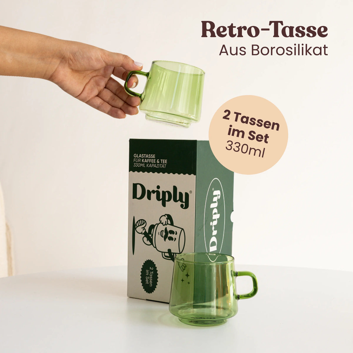 Driply Glastasse grün | Zwei Retro-Tassen im Set