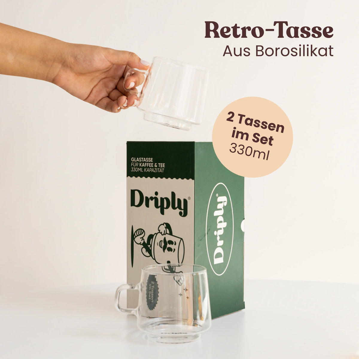 Driply Glastasse transparent | Zwei Retro-Tassen im Set